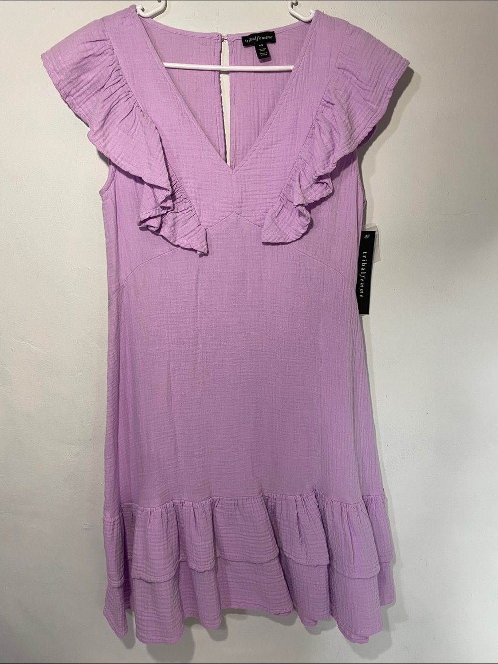 NWT Tribal Femme Ruffled V-Neck Lavender Cotton Gauze Dress S